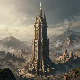 a gigantic brutalist ancient tower, a detailed structure with at the top 3 spires in form of a trident, 6 0 0 hundred meters tall set against sunlit, surrounded by smoke, mountains and a huge old city, 8 k, art station, volumetric lighting, cinematic composition, octane render, dark surrealism, highly detailed by peter mohrbacher, hajime sorayama, wayne barlowe, boris vallejo, aaron horkey, gaston bussiere, craig mullins