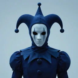 a cinematic fine portrait of an ominous faceless court jester from the dmt trip, angular, dark blue hypercubes, hyperdimensional entity, the waiting room, octane render, nvidia raytracing demo, masterpiece, static noise, white noise, grainy