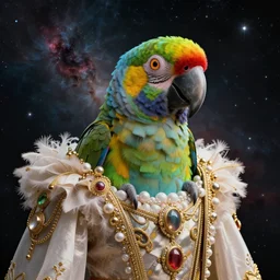 “Portrait of a parrot” wearing a beautiful Costume , on a dark nebula background” digital Art, concept Art, highly detailed, 3-D 4K, trending on art station, Award winning, Alexander Hamilton style,