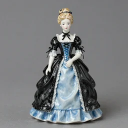porcelain doll of a victorian woman dressed in blue and black, hyper realistic