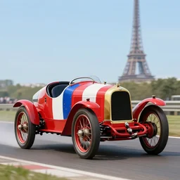 saturated red white blue french flag colors matte animation cel still of the 1 9 0 3 paris madrid race early automobile racing action shot vibrant detailed 1 9 9 0 anime sharp, rendered in unreal engine 5, anime key art by greg rutkowski, bloom, dramatic lighting poster art deco