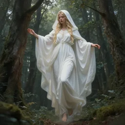 goddess descending over a forest, white hood, blonde, fantasy, magical, realistic and detailed, spiritual, intricate, elegant, highly detailed, digital painting, trending on artstation, by wlop, 4 k octane render
