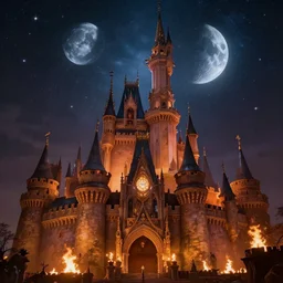 giant gorgeous castle with a lot of small towers and spikes, deep night scene with a lot of fire and magical sky with two moons and a lot of stars. d & d, dark fantasy, gorgeous lighting, highly detailed, volumetric lights. by zdzisław beksinski and norman rockwell and greg rutkowski. weta studio, and lucasfilm