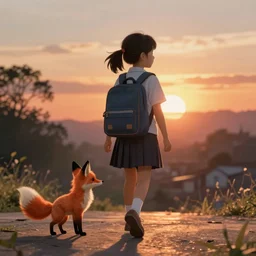 a young girl walking to school with her pet fox, matte painting in the style of studio ghibli, early morning light, sunrise, cinematic lighting