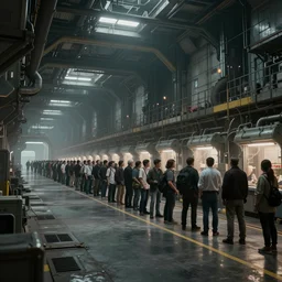 a long queue of people standing in a huge underground dystopian factory, low camera angle, hyperdetailed, artstation, cgsociety, 8 k, hyper realistic, super detailed, octane, volumetric lighting, atmosphere, matte painting, extreme long shot, octane render h 7 0 4
