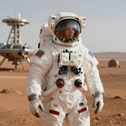 futuristic astronaut standing in front of mars colony in the future, 35mm