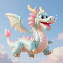 elaborate, giant, massive, detailed, shiny, 3 d, pastel, blowup balloon dragon with eyes and mouth, twisting geometry, floating in a 3 d painted sky, cinematic, 4 k by'eva cremers'and'lesley barnes'and'jordan coelho'