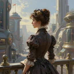 portrait of a victorian lady in a futuristic city, from behind, streets, beautiful!, fully open sky, side buildings, highly detailed, digital painting