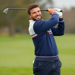 photorealistic painting of drake golfing in preppy sweater jumper smiling
