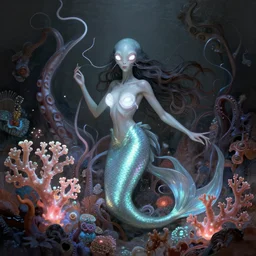 harmony of neon glowing coral, tentacles, dynamic pose, white iris, alien mermaid portrait by wlop, james jean, victo ngai, muted colors, highly detailed, fantasy art by craig mullins, thomas kinkade,