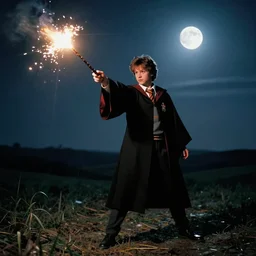 a young adult wizard with very detailed face, hair clothes and shoes holds their wand fiercely in their hand from which a blast of bright magic flies from the end of the wand, on an empty moonlit hill, dramatic lighting, lens flare, 3 5 mm full frame professional photography, kodachrome