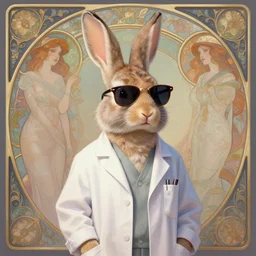 a cool anthropomorphic rabbit wearing sunglasses wearing a lab coat, diffuse lighting, fantasy, intricate, elegant, highly detailed, lifelike, pastel, digital painting, artstation, illustration, concept art, smooth, sharp focus, art by frank frazetta and marco bucci and loish and rossdraws and artgerm and alphonse mucha