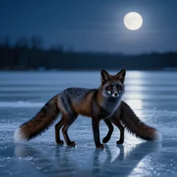 distant wide angle shot of a beautiful black fox standing on a frozen lake of ice under the moonlight, highly detailed brush style, reflections, soft fur, two pointed ears, thick fluffy tail, beautiful lighting, wildlife, digital art, trending on ArtStation