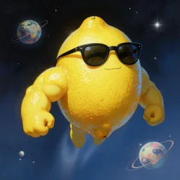 anthropomorphic lemon badass muscular lemon character wearing cool sunglasses flying through space, by Frank Frazetta, full body, trending on artstation, highly detailed