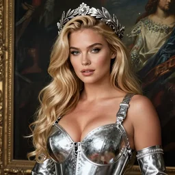 beautiful rugged sultry thick kat dennings, blonde hair, wearing silver armour,, seductive, ornate silver wreath, oil painting by titian, hard focus, portrait