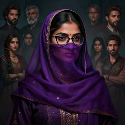 concept art, a beautiful highly detailed heritage young hyderabadi female with cateye glasses and purple niqab alone in the dark, cinematic moody colors, realistic shaded lighting poster by ilya kuvshinov, magali villeneuve, artgerm, jeremy lipkin and michael garmash and rob rey