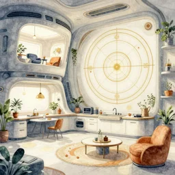 a beautiful illustration of futuristic kitchen, lots of furniture, hanging lamp, waiting room, big medium small, sacred geometry, golden ratio, in watercolor gouache detailed paintings, in style of syd mead, trending on artstation, 8 k, panel, hard surface, vent, zaha hadid, props, plant, cozy, decoration around the room, simon stalenhag, deus ex