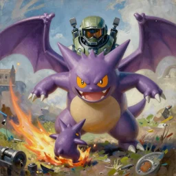 gengar pokemon playing as master chief, oil on canvas, intricate, 8 k highly professionally detailed, hdr, cgsociety
