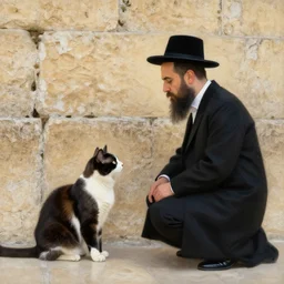 a realistic painting of a humanoid hasidic cat visiting the western wall in jerusalem