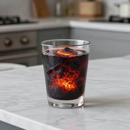 a photo of a clear glass filled with glowing lava on a marble kitchen bench, studio lighting, photoshoot