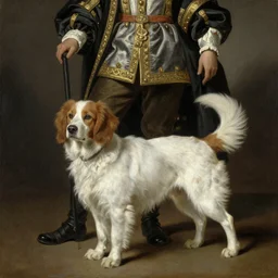 white and brown dog (kooiker) depicted as a king, oil on canvas by Rembrandt