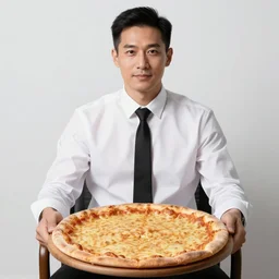 studio portrait of a cheese pizza, sitting in a chair, white shirt, black tie, soft lighting, sharp focus, highly symmetrical, black background, masterpiece, by annie leibovitz, caroline losse, mauro turatti, david lachapelle