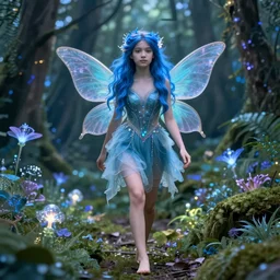 beautiful fairie girl with flowing blue hair ( accurate facial details ) ( accurate body details ), walking through a bioluminescent magical forest, magical, dreamy, cinematic lighting, beautiful lighting, hyperdetailed 4 k artstation