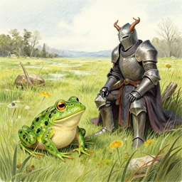 Frog Frog Frog Frog crapaud kaeru Demon Knight Hero resting in marshlands Ishbel Myerscough greg rutkowski sam spratt Peter Kuhfeld simon stalenhag enki bilal beeple james gilleard Illustrated Colored Pencil