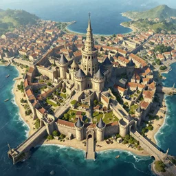 Digital art of a large medieval coastal capital, bird's eye view drone Marc Simonetti