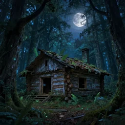 an abandoned log house in an bioluminescent ancient forest, waxing moon, greg rutkowski, 8 k, shallow depth of field, intricate detail, concept art,