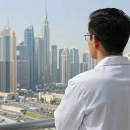 a person in a white lab coat gazing at the dubai skyline