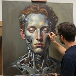 mechanical artist painting a self - portrait on a canvas. intricate, highly detailed, digital matte painting, in the style of alexandros pyromallis, and in the style of sachin teng, and in the style of hans thoma, and in the style of gil elvgren. irony, recursion, inspiration.