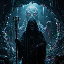 cinematic shot of hooded necromancer in front of a cthulhu within a viscosity fluid lovecraft portal