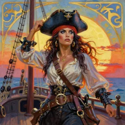 a colorful painting of a fierce female pirate on the deck of her ship while the sun is setting in art nouveau style.