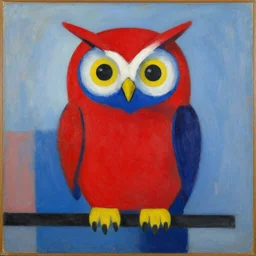 a red and blue owl by piet mondrian, abstract, oil on canvas
