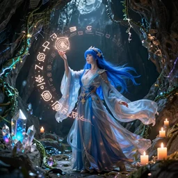 blue haired female casting a spell, sigils, floating runes, floating candles, flowing robes, in a cave with glowing crystals on the walls, electric vines, octane render, fantasy, cinematic composition, dramatic lighting, trending, 8 k hd
