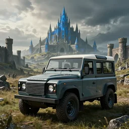 Land Rover Defender 110 (1985), The Elder Scrolls V: Skyrim, Solitude seen in the distance, Blue Palace is seen in the distance, Haafingar Hold, an epic fantasy, dramatic lighting, cinematic, establishing shot, extremely high detail, photorealistic, cinematic lighting, artstation, by simon stalenhag