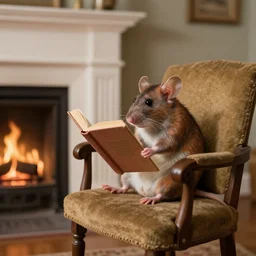 an old mouse reading a book in a chair next to a fireplace