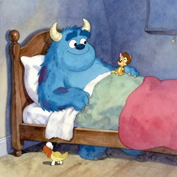the monster that lives under the bed, by carl barks, marc davis and glen keane, disney style watercolor
