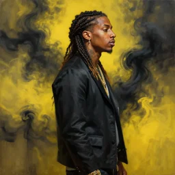 side portrait of united states president wiz khalifa, dignified stance, black and yellow smoke, d & d, fantasy, highly detailed, portrait, oil, matte, digital painting, trending on artstation, dramatic illumination, ultra realistic, sharp focus, 4 k, art by ruan jia and artgerm and wlop and rutkowski