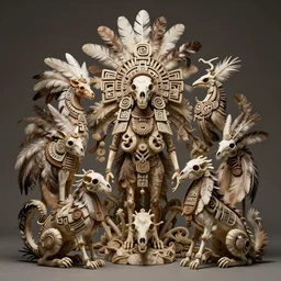 a sculpture of mythical creatures, made of feathers and bones, intricate, elegant, aztec symbol of fertility and abundance, shaman messenger of a new generation of earth - guardians to come, artstation, visionary art, shamanic art, conscious art, peruvian artist, concept art, ambient occlusion, vray render,