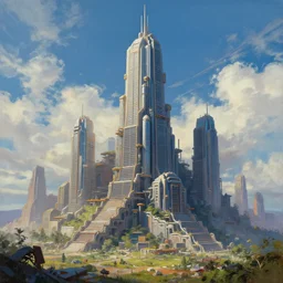 a land scape with a skycraper biopunck architecture painting by sparth artist in elon musk movment trending on artstation ,corona ,400 steps ,  2064x1024