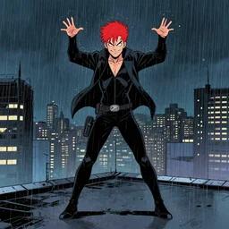 in the style of phil noto comic art, joshua middleton comic art, peyton list black widow, symmetrical face, red hair, full body, on a rooftop, rain, smirk, symmetrical eyes, rain, night, rain, symmetrical, action pose, artgerm, playful smirk, full body