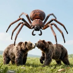 detailed photo of a giant spider fighting a grizzly bear in a meadow,
