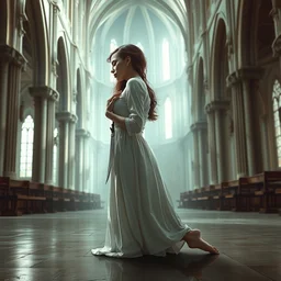 a young woman in an empty cathedral, sideways, on her knees, wearing a white dress, holding a knife to her chest, sideway, sharp focus, high contrasts, wide angle, establishing shot, fantasy, digital art by eddie mendoza, trending on artstation