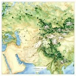 aerial map of a realm with deserts, forests, mountains, drawing by moebius and thomas kinkade