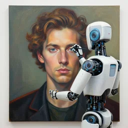 robot artist painting a self - portrait on a canvas. intricate, highly detailed, digital matte painting, in the style of alexandros pyromallis, and in the style of sachin teng, and in the style of hans thoma, and in the style of jeff easley. irony, recursion, inspiration.