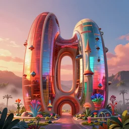 highly detailed futuristic architecture by Tadao Ando and Salvador Dalí, reflective lighting, holographic, stylized vegetation, ground-level view, stunning sunny lighting, sunrise, foggy atmosphere, vivid colors, in the style of pixar animation, trending on Artstation, 8k, matte painting, ray tracing, hyper detailed, unreal engine 5, cinematic, epic lighting, cryengine, octane render, cyberpunk, red and orange glow, vibrant