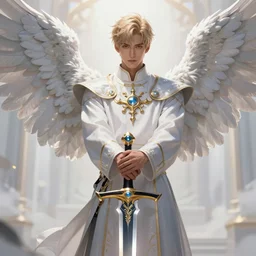 beautiful male cleric with light magic, white eagle wings, anime key visual, attarctive pretty face, holding sword, highly detailed, sharp focus, concept art, league of legends, style by shumolly and monable and artgerm and greg rutkowski and jo chen and pilyeon and ruan jia and zeronis