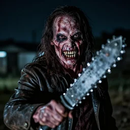 aggressive psychopath with meatface and chainsaw-teeth with a knife looking at camera, horror lighting, at night, cctv footage, out of focus, motion blur